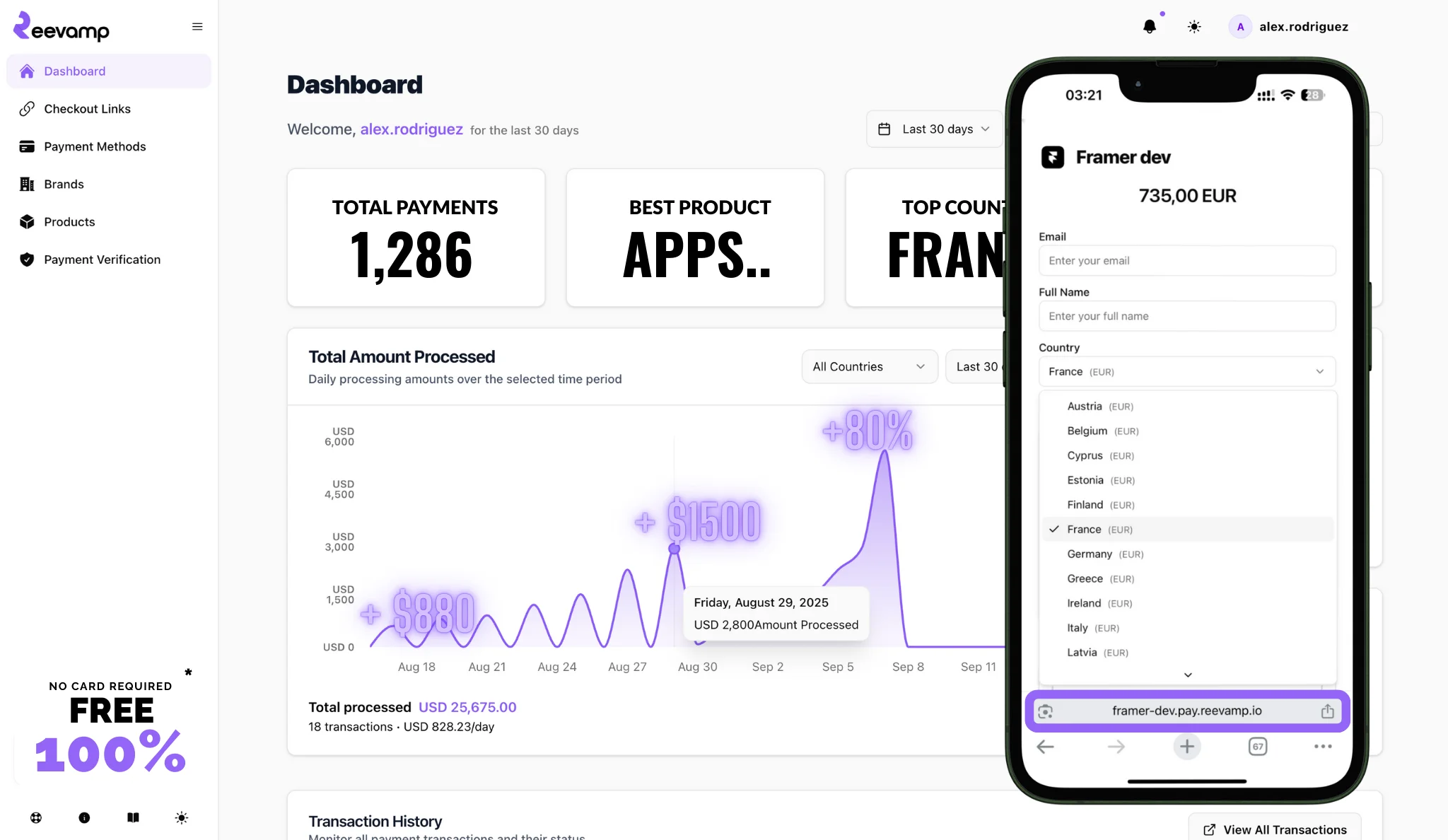 REEVAMP dashboard showing payment analytics, checkout links, and professional interface